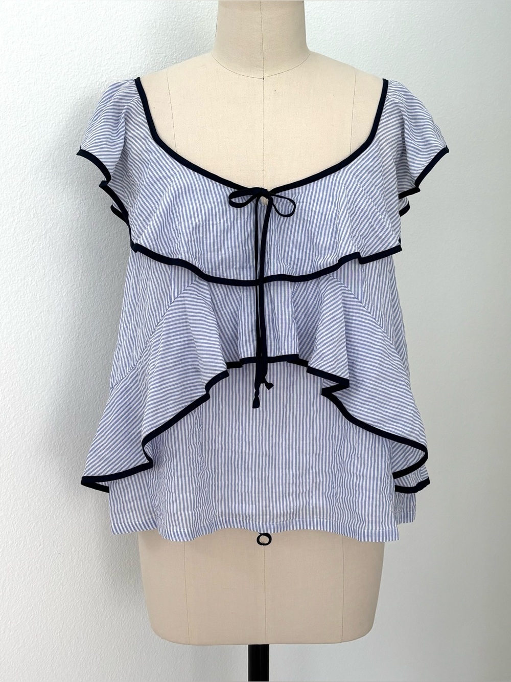 J Crew Navy Tipped Ruffle Top NWT Blue White Pinstripes Menswear Nautical 12